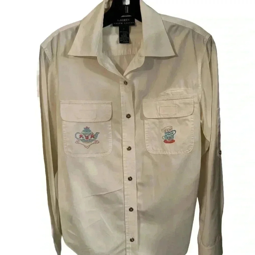 RARE Lauren Ralph Lauren Women’s White Button Up Shirt W/ Tea Pot Embroidery S